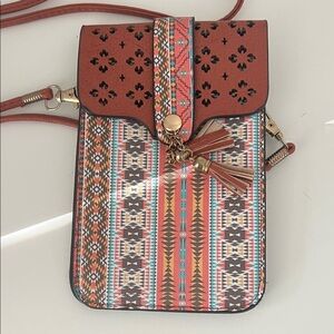 Crossbody Phone Bag with Aztec Print and Rust Brown Trim